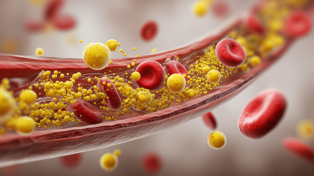 Red Blood Cells and Yellow Cholesterol Particles Flowing Inside a Blood Vessel
