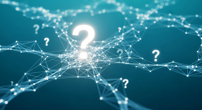Abstract teal network with glowing question marks, symbolizing uncertainty, search, or problem-solving in a digital space - Powered by Adobe
