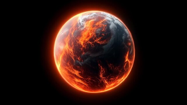 Vivid visualization of earth's total environmental breakdown, showing intense global destruction with molten surfaces and devastating thermal transformation against cosmic darkness