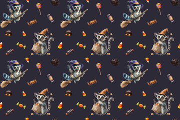 Seamless Halloween pattern with cute lemurs in witch hats flying on broomsticks, holding pumpkins, cauldrons, lanterns, and surrounded by spooky candy, lollipops, and festive holiday decorations.