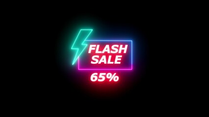 Neon flash sale announcement with 65 percent discount percentage