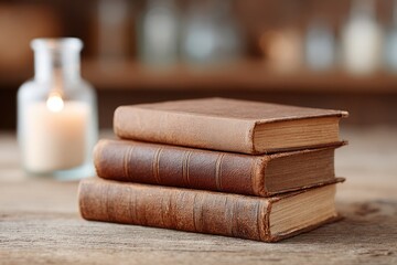 Brown leather-bound books stacked on rustic wooden surface, cozy
