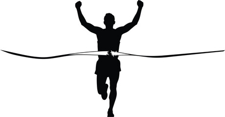Silhouette of a runner crossing finish line with arms raised in victory, symbolizes achievement, success, and thrill of competition