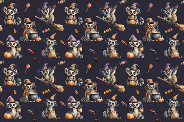 Seamless Halloween pattern with cute lemurs in witch hats flying on broomsticks, holding pumpkins, cauldrons, lanterns, and surrounded by spooky candy, lollipops, and festive holiday decorations.