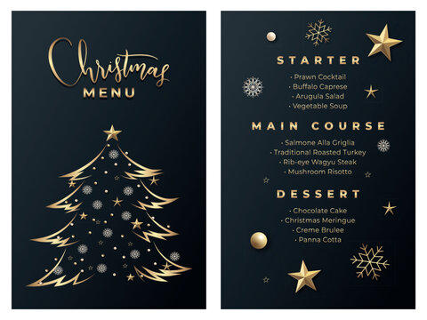 Vector christmas menu template for restaurant on the dark background with golden text and elements. Merry christmas menu printable template	