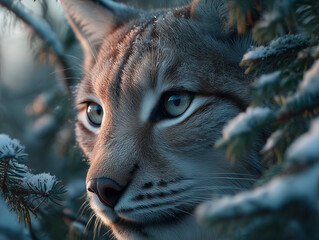 Mysterious Wild Cat Watching from the Winter Woods