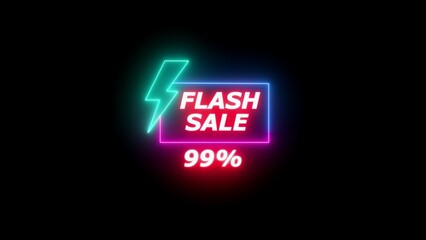 Neon flash sale announcement with 99 percent discount and lightning bolt image