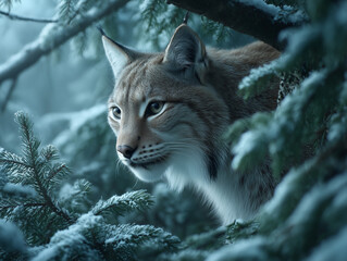 Lynx Hidden in Snowy Forest Shadows
