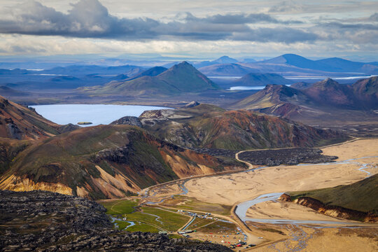 Breathtaking scenery of Landmannalaugar mountains, lava field and lakes in fjallabak nature reserve, highlands of Iceland