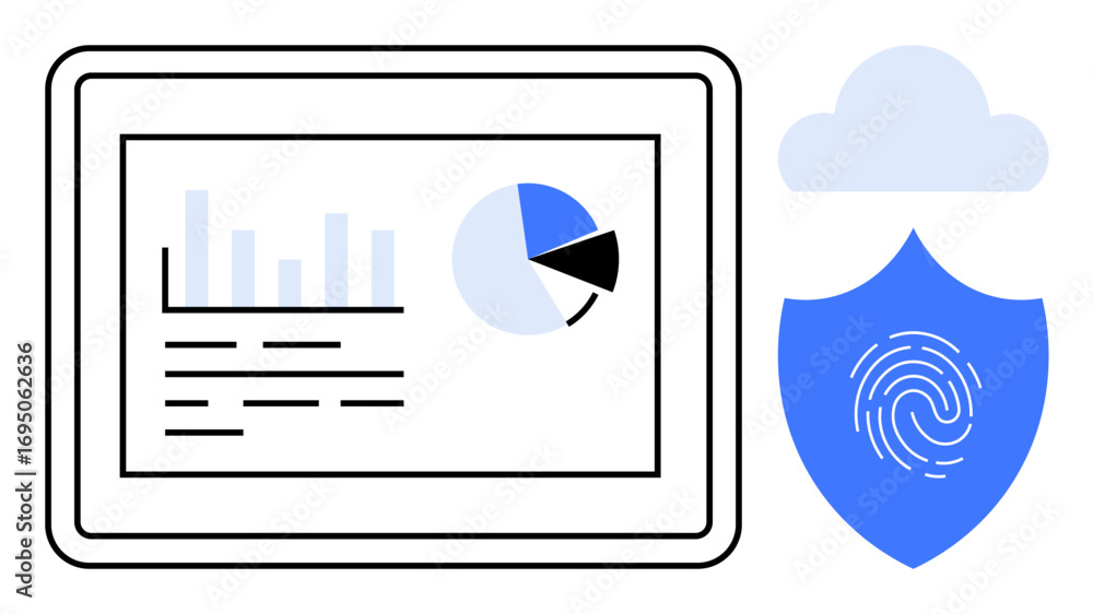 Poster tablet screen displays graphs and charts for data analysis. nearby, a shield with a fingerprint and 
