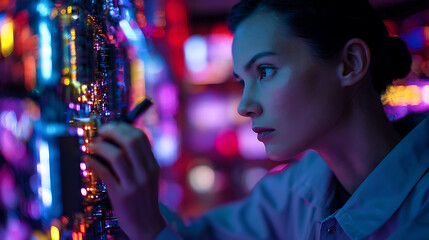 female engineer technician inspecting circuit board colorful lighting electronics hardware inspection professional woman working with chip technology digital device design and research