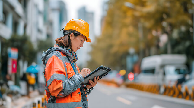 woman professional surveyor using tablet connected to gnss technology in urban environment gps mapping data collection city navigation geospatial planning and construction career