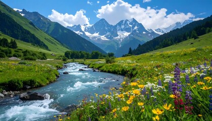 Mountain valley with wildflowers and a rushing stream. Lush meadow, snow-capped peaks