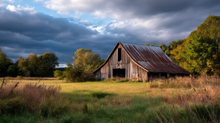 Fototapeta premium Old wooden barn standing in a field under stormy sky during fall