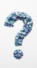 Blue, green, purple paper circles form a question mark on white background, symbolizing inquiry, uncertainty, or a need for answers, ideal for concept design
