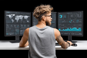 Young man with glasses and tattoo working at desk with three computer monitors displaying global financial charts, cryptocurrency graphs, and data dashboards in modern workspace.
