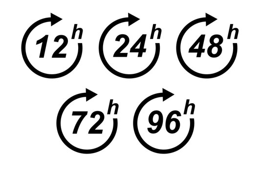 Hour icon 12, 24, 48 and 72 hours clock arrow. Fast service Work time effect or delivery service time icons 24 hours sign. Vector