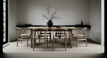 Fototapeta premium Elegant dining room with wooden furniture, decor, and natural light creating a serene atmosphere