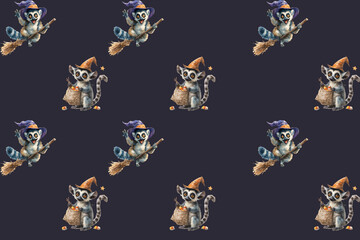 Seamless Halloween pattern with cute lemurs in witch hats flying on broomsticks, holding pumpkins, cauldrons, lanterns, and surrounded by spooky candy, lollipops, and festive holiday decorations.