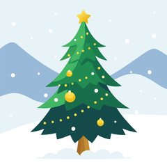 Fototapeta premium Decorated Christmas tree in snowy mountain landscape Keywords: Christmas tree, winter, snow