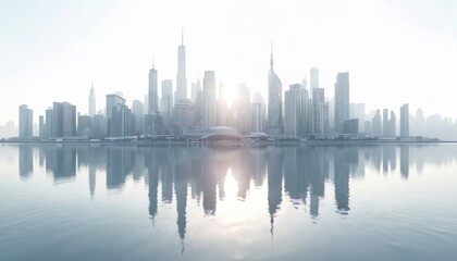 Obraz premium Aerial view of modern city skyline with towering skyscrapers, sleek architecture reflected in water below. Noisy urban landscape features thriving commercial district, ideal for representing
