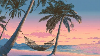 hammock hanging between two palm trees on the beach