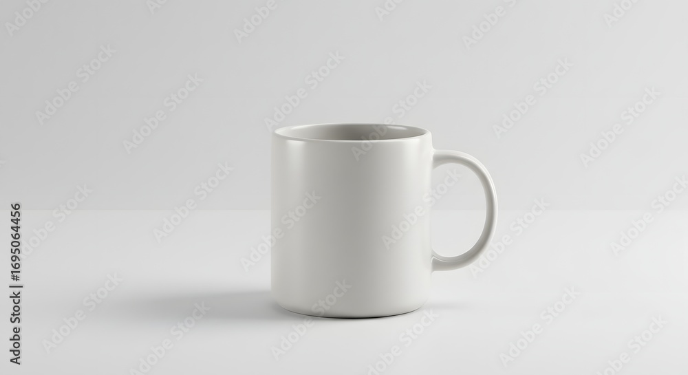 Poster a simple white ceramic mug with a handle on a white background in a clean minimalist setting studio 