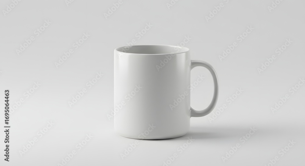 Poster a simple white ceramic mug with a handle on a plain white background in a studio shot setting here n