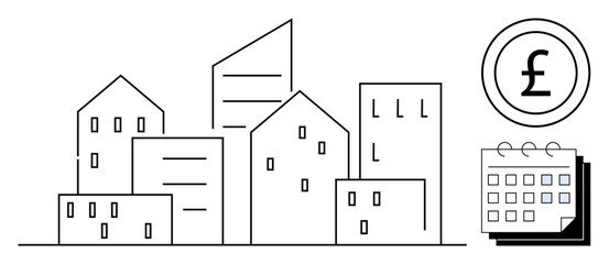 Outline of city buildings with a pound coin and calendar symbolizing property investment, scheduling, financial planning, budgeting, housing market, urban development, and real estate flow. A simple
