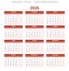 2026 year Italian calendar. Vector modern illustration Italy - Calendario