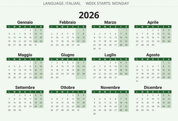 2026 year Italian calendar. Vector modern illustration for Italy green - Calendario italiana