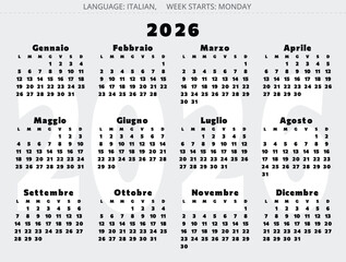 Italian calendar 2026, simple layout, black white vector for Italy