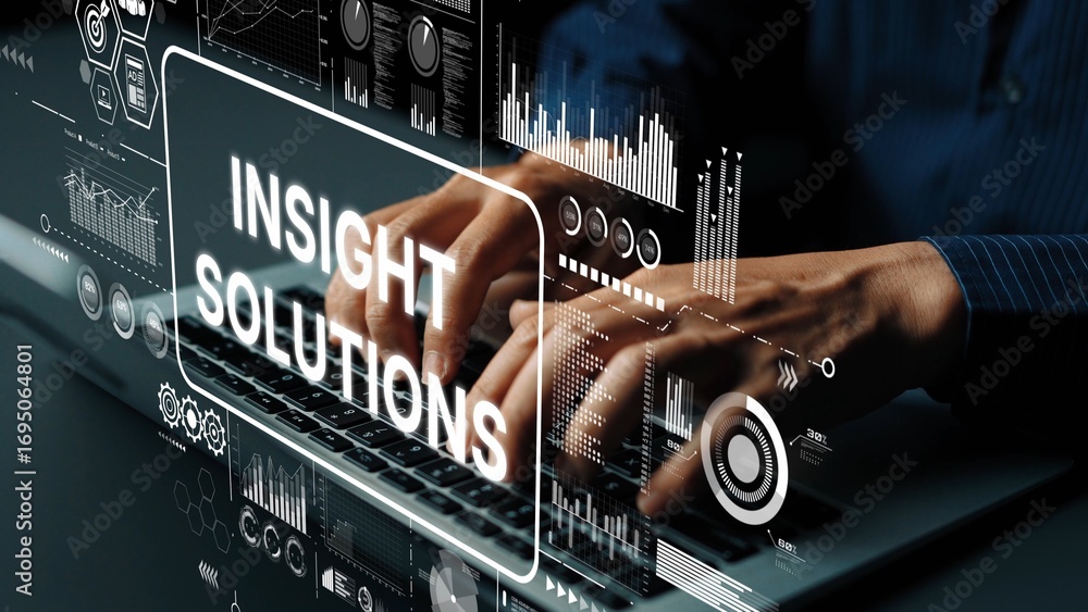 Poster hands typing on keyboard with data visualization and insight solutions theme in modern office settin