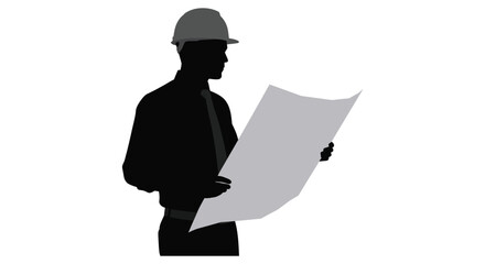 engineer holding blueprint wearing helmet focused on construction plans