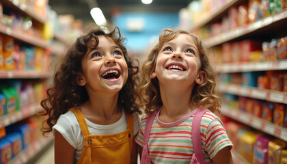 Fototapeta premium Two smiling children, girl, boy, look up at colorful candy display in supermarket aisle. Faces express pure joy, excitement, reflecting happy childhood moment during shopping. Siblings share fun