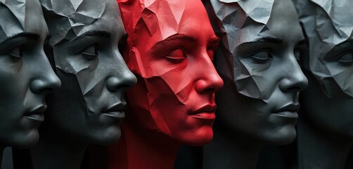 Conceptual artwork highlights deceptive individual disrupting teamwork. Red-faced figure stands out among gray, conforming faces, manipulation, fraud, egoism in dramatic monochrome contrast.