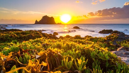 Coastal sunset over a rocky shore