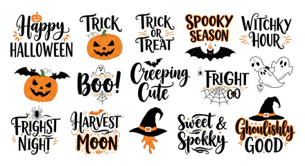 Collection of Halloween-themed lettering art with pumpkins, bats, ghosts, and witch hats, showcasing spooky season phrases for cards, banners, or decorations