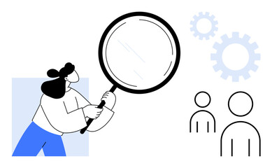 Woman holding a magnifying glass examining icons of people and gears, symbolizing analysis, research, recruitment, teamwork, problem-solving, strategy, organizational efficiency and focus. A simple