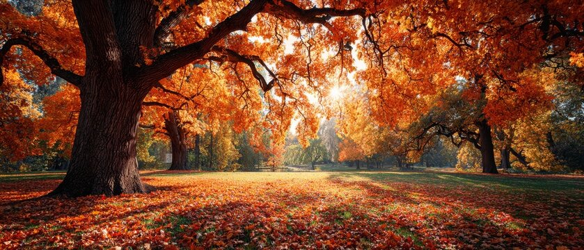 Nature's canvas: the park awash with the hues of changing leaves. Blockbuster poster. Subtle autumn shifts: a park scene with gently falling leaves. Movie cover. Epic poster.