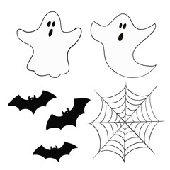 Halloween illustration set with ghost, spider web and bats