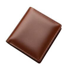 Elegant leather wallet in top down slightly tilted view with plump shape neat stitched edges and studio lighting against clean white background