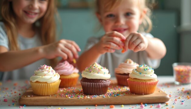 Two young children joyfully decorate cupcakes with colorful sprinkles. Kids happily engage in baking activity, creating sweet treats for party birthday celebration. Fun bonding experience in kitchen, - Powered by Adobe