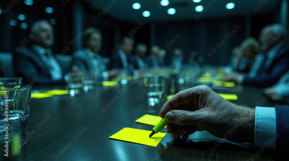 Poster hands holding a highlighter over kpi sheets on a conference table medium shot with the rest of the t