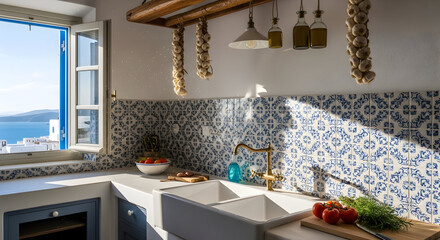 Elegant kitchen interior with a view in a beautiful location in Greece