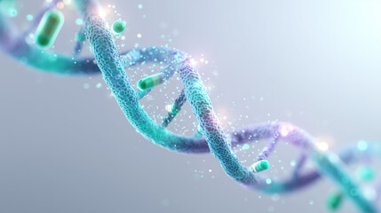 Abstract Glowing DNA Double Helix with Particles and Pills