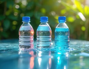 Three clear plastic water bottles with blue caps stand on wet surface reflecting sunlight. Bottles contain pinkish, blue liquids. Nature background blurs green foliage. Hydration, refreshment,