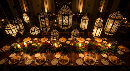 Elegant dinner table setting with arabic lanterns and festive decorations for a celebration