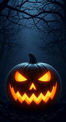 Obraz premium Lit jack-o'-lantern in dark forest setting, evokes Halloween themes of mystery and spooky fun, ideal for seasonal celebrations or design projects