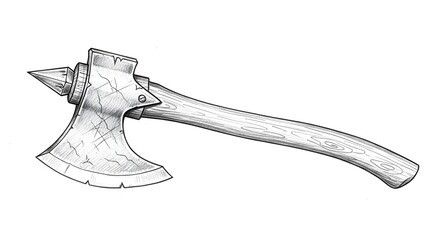 An illustration of a detailed axe with a wooden handle and a sharp, curved blade. This traditional tool represents forestry, chopping wood, and outdoor survival tasks, commonly used in wilderness acti